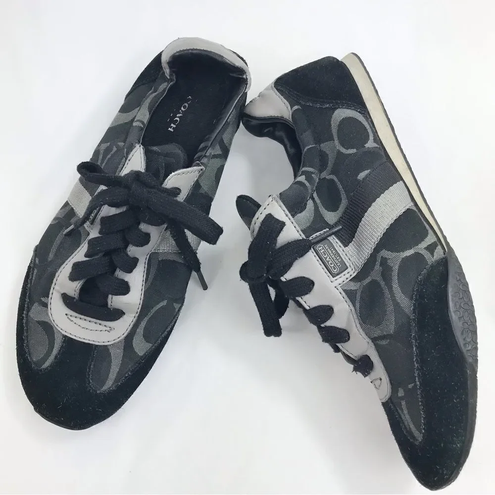 Coach KINSLEY  Black Gray Optic Signature Fabric Suede Lace Up Sneakers